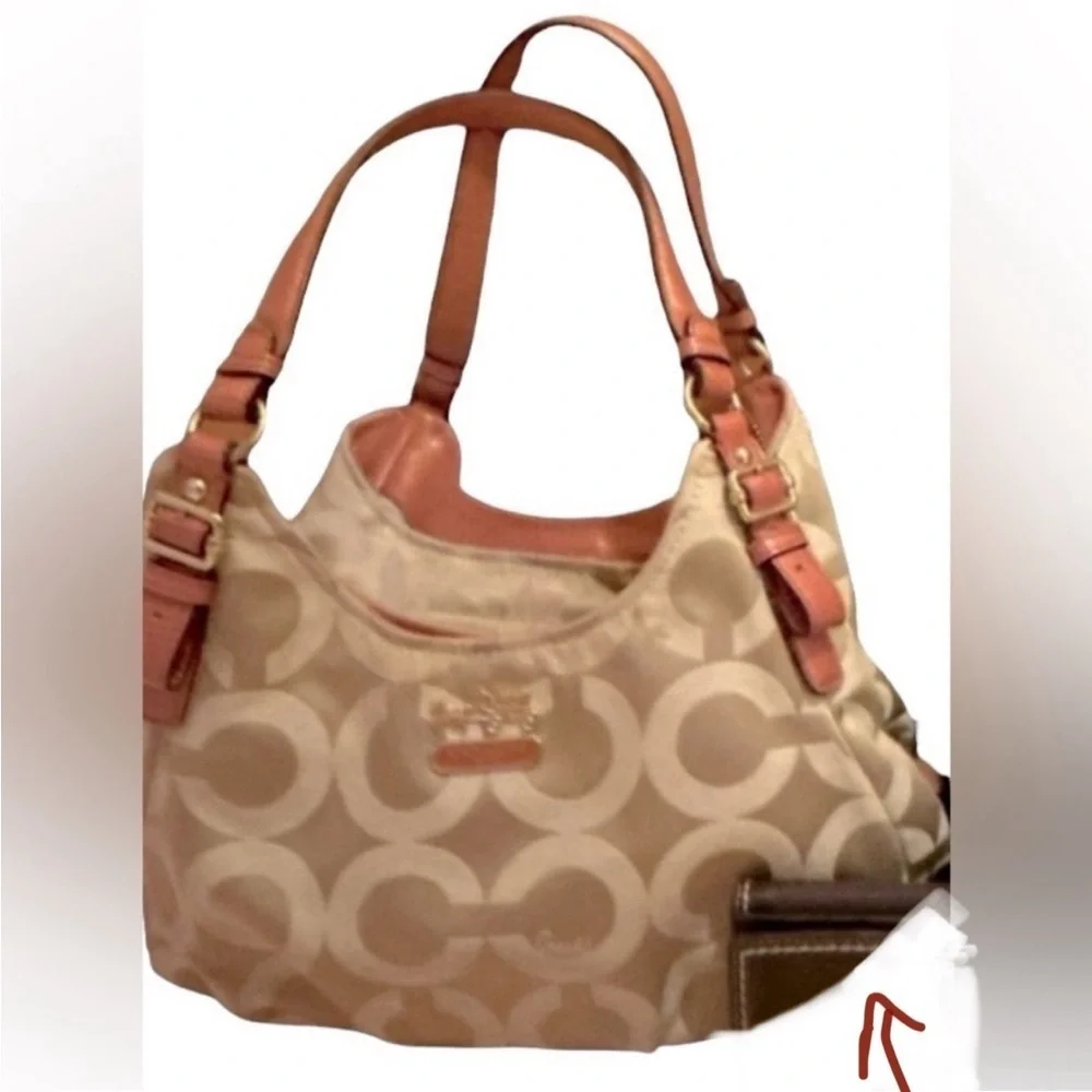 Coach Canvas & Leather Tan Signature Logo Shoulder Bag. GUC “Peach” Straps, VNTG - Picture 4 of 10